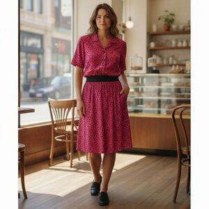 Vintage Classic Directions 2-Piece Skirt Set Fuchsia Pink & Black Print Size 12